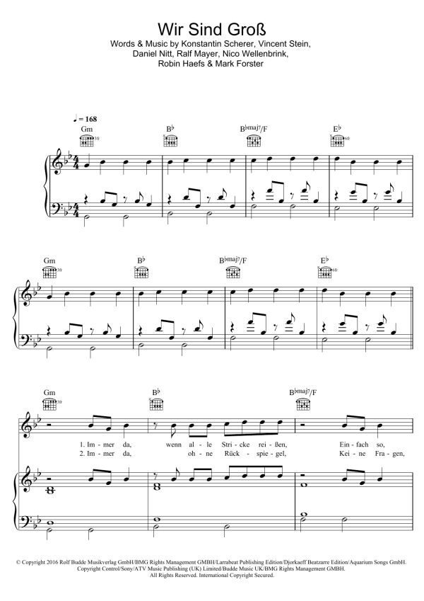 Mark Forster Wir Sind Gross Musik Noten - Piano, Vocal & Guitar Chords - 123506-0