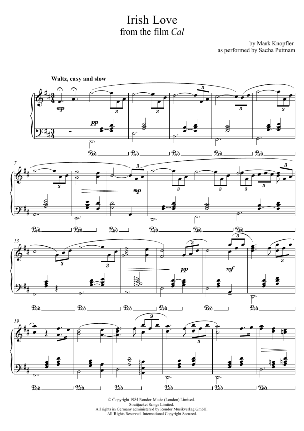 Mark Knopfler Irish Love (from Cal) (as performed by Sacha Puttnam) Musik Noten - Piano Solo - 119418-0