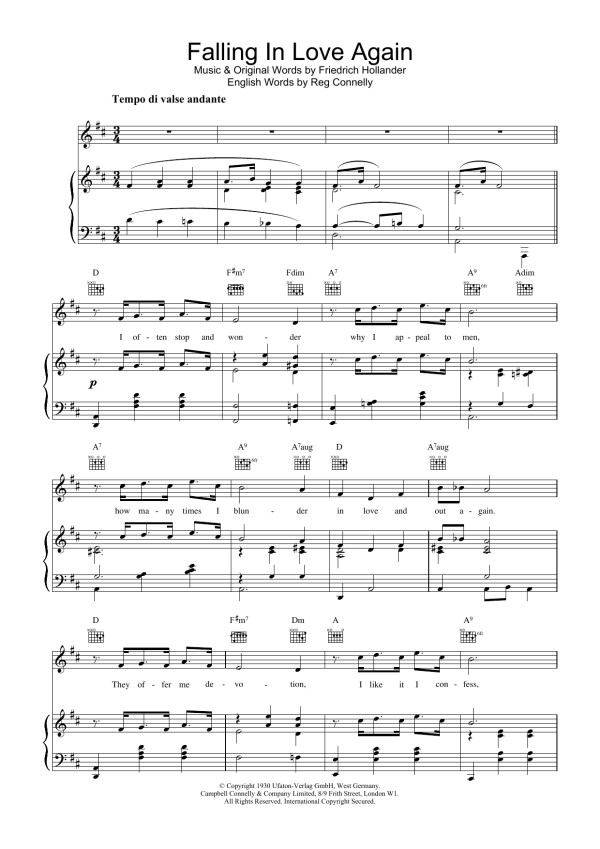 Marlene Dietrich Falling In Love Again Musik Noten - Piano, Vocal & Guitar Chords - 19003-0