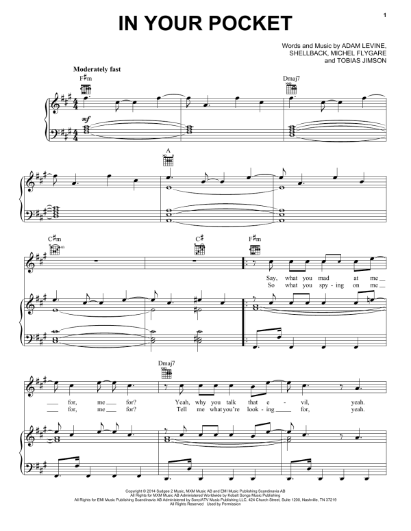 Maroon 5 In Your Pocket Musik Noten - Piano, Vocal & Guitar Chords - 157238-0