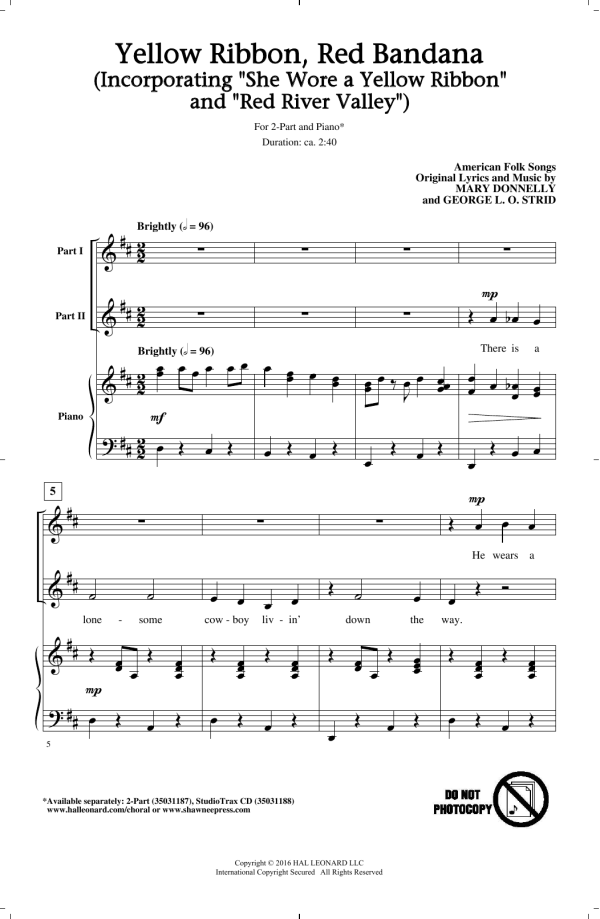 Mary Donnelly and George L.O. Strid Yellow Ribbon, Red Bandana (Incorporating "She Wore A Yellow Ribbon" and "Red River Valley") Musik Noten - 2-Part Choir - 175603-0