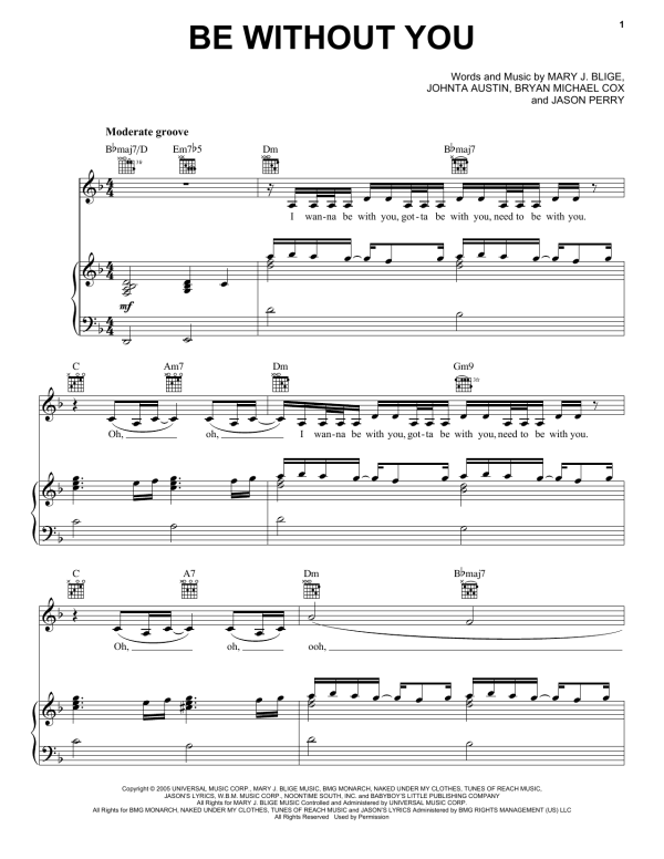 Mary J. Blige Be Without You Musik Noten - Piano, Vocal & Guitar Chords - 100893-0