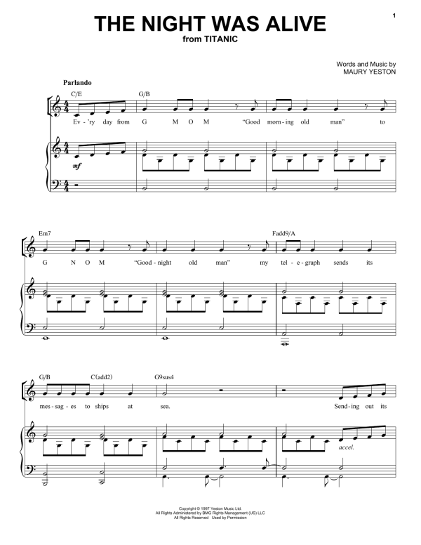 Maury Yeston The Night Was Alive Musik Noten - Piano, Vocal & Guitar Chords - 159425-0