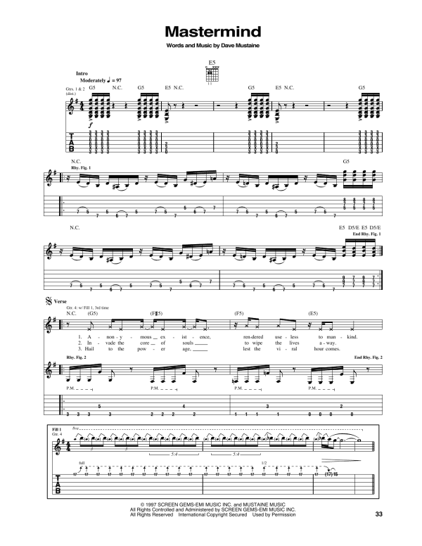 Megadeth Mastermind Musik Noten - Guitar Tab - 165991-0