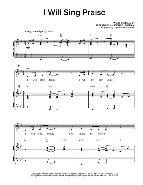 Michael D. Popham I Will Sing Praise Musik Noten - Piano & Vocal - 161029-0