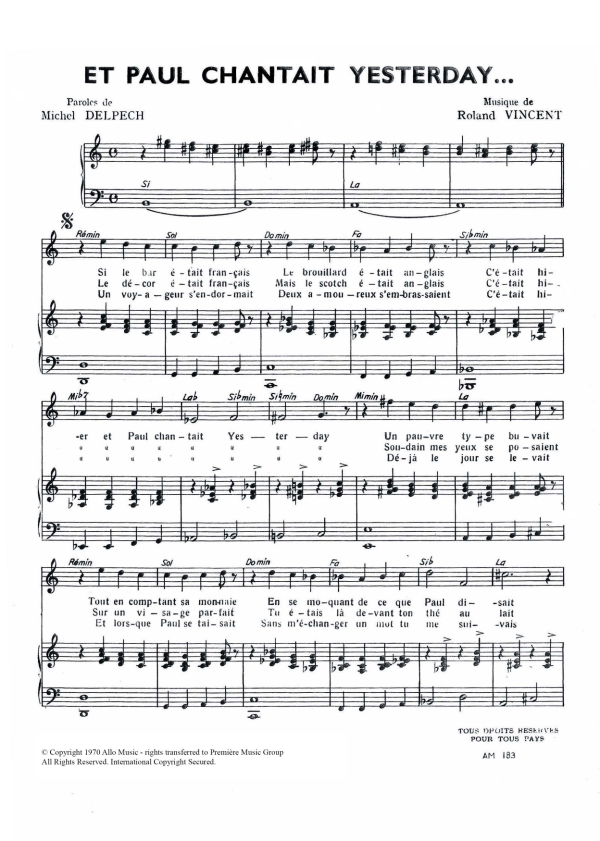 Michel Delpech Et Paul Chantait Yesterday Musik Noten - Piano & Vocal - 120810-0