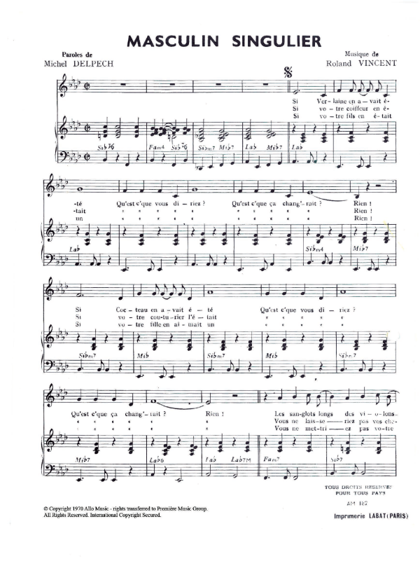 Michel Delpech Masculin Singulier Musik Noten - Piano & Vocal - 120811-0
