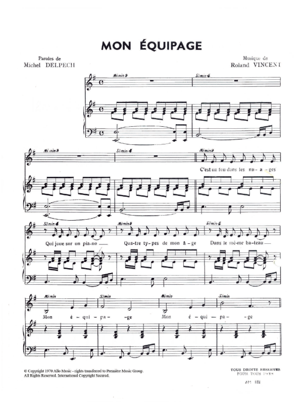 Michel Delpech Mon Equipage Musik Noten - Piano & Vocal - 120812-0