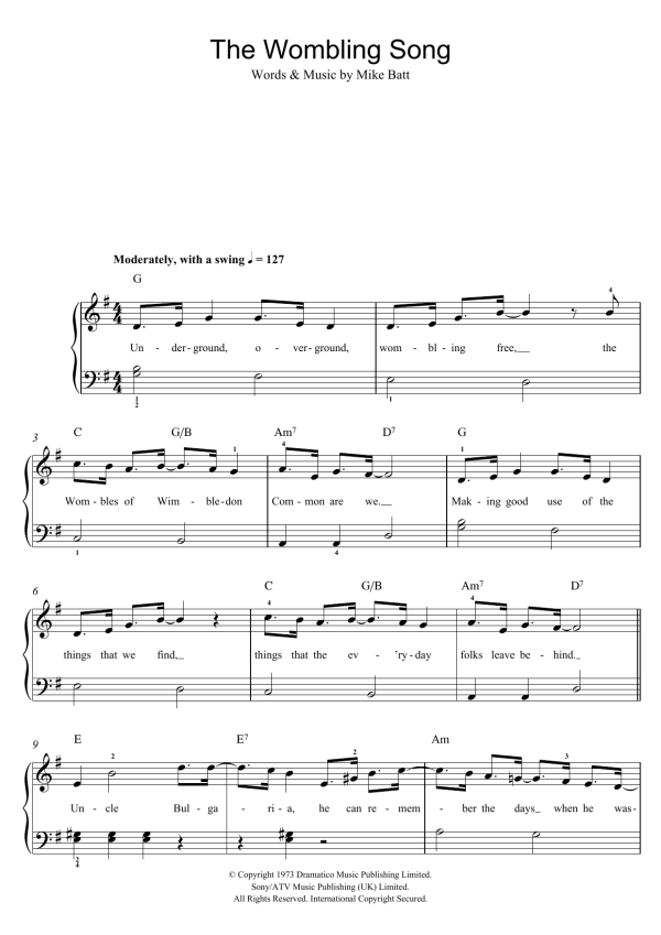 Mike Batt The Wombling Song Musik Noten - Easy Piano - 101252-0