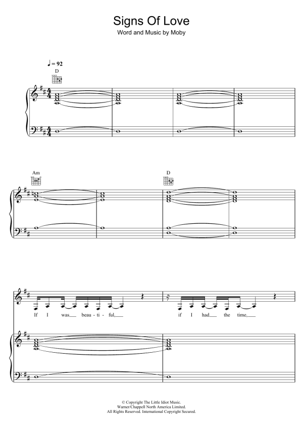 Moby Signs Of Love Musik Noten - Piano, Vocal & Guitar Chords - 115117-0