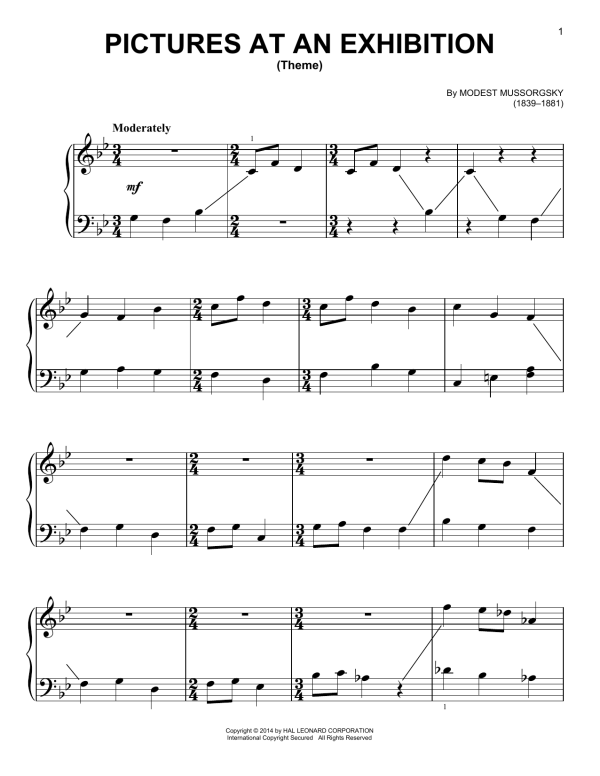 Modest Mussorgsky Theme-Pictures At An Exhibition Musik Noten - Very Easy Piano - 157891-0