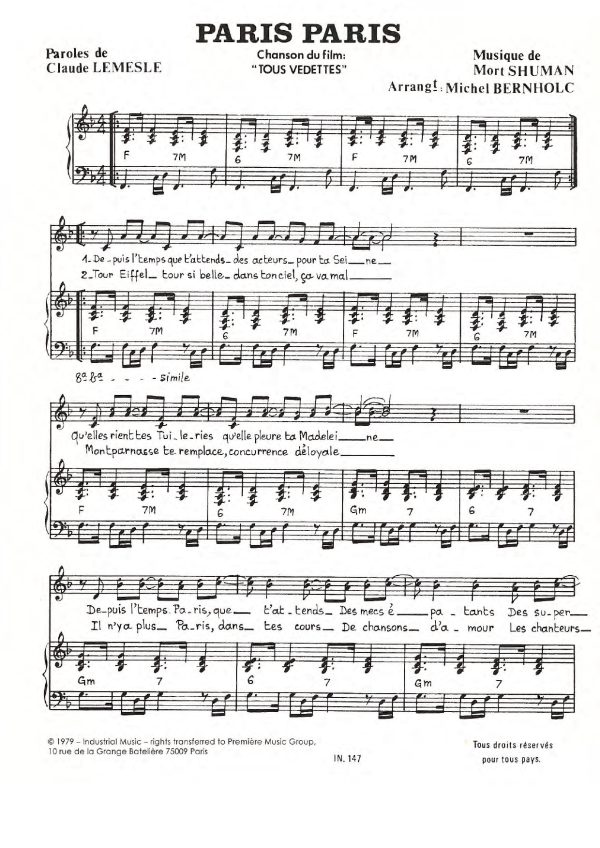 Mort Shuman Paris Paris Musik Noten - Piano & Vocal - 119525-0