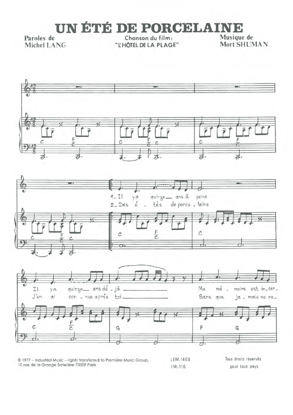 Mort Shuman Un Ete De Porcelaine Musik Noten - Piano & Vocal - 119526-0