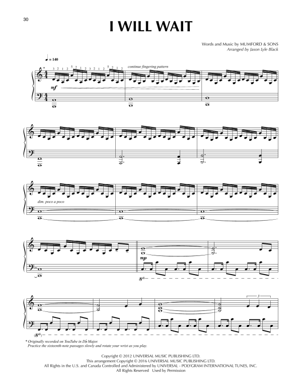 Mumford & Sons I Will Wait (arr. Jason Lyle Black) Musik Noten - Piano Solo - 174539-0