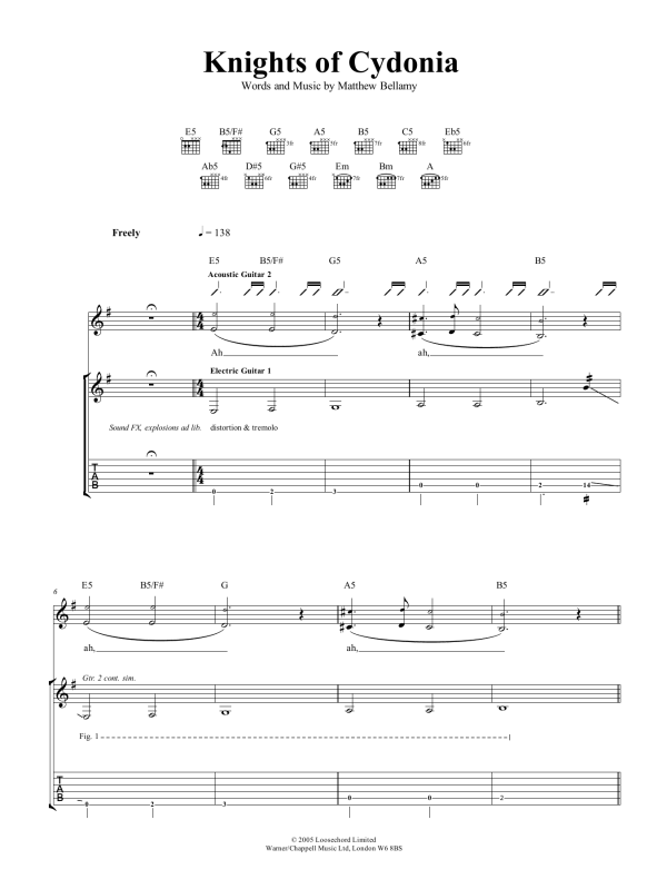 Muse Knights Of Cydonia Musik Noten - Bass Guitar Tab - 152909-0