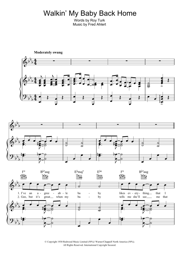 Nat King Cole Walkin' My Baby Back Home Musik Noten - Piano, Vocal & Guitar Chords - 45360-0
