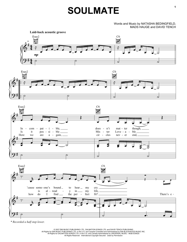 Natasha Bedingfield Soulmate Musik Noten - Piano, Vocal & Guitar Chords - 67033-0