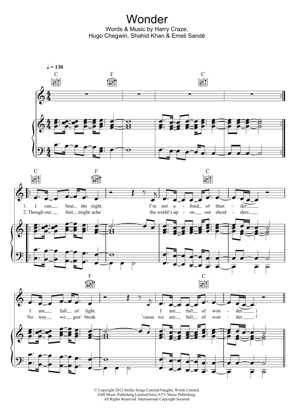 Naughty Boy Wonder (featuring Emeli Sande) Musik Noten - Piano, Vocal & Guitar Chords - 115080-0