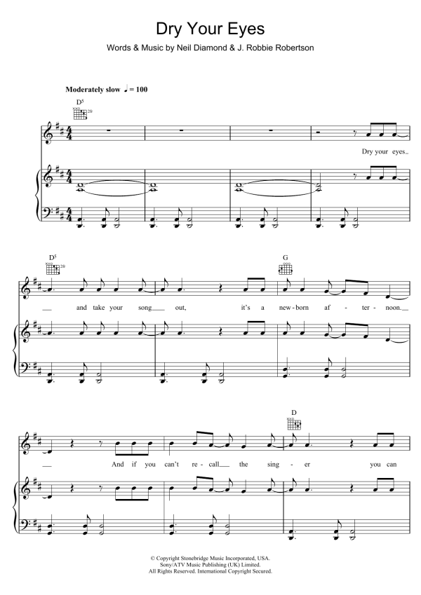 Neil Diamond Dry Your Eyes Musik Noten - Piano, Vocal & Guitar Chords - 114813-0