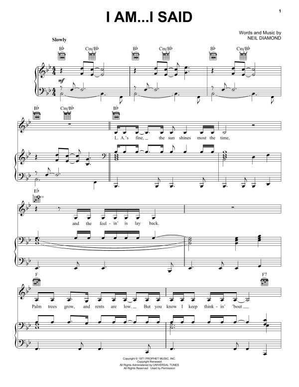 Neil Diamond I Am...I Said Musik Noten - Piano, Vocal & Guitar Chords - 36992-0