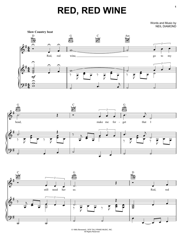Neil Diamond Red, Red Wine Musik Noten - Piano, Vocal & Guitar Chords - 23345-0