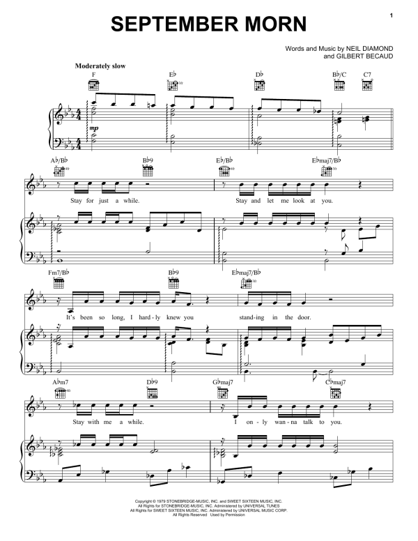 Neil Diamond September Morn Musik Noten - Piano, Vocal & Guitar Chords - 23346-0