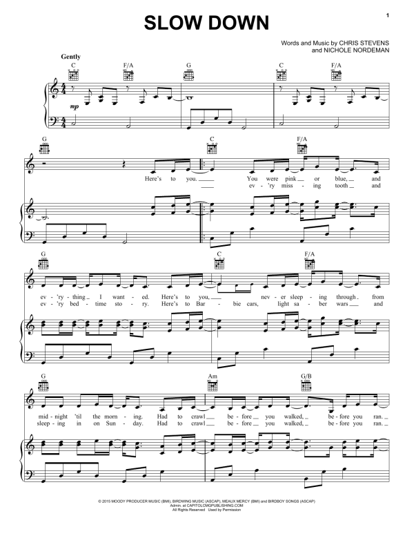Nichole Nordeman Slow Down Musik Noten - Piano, Vocal & Guitar Chords - 170471-0