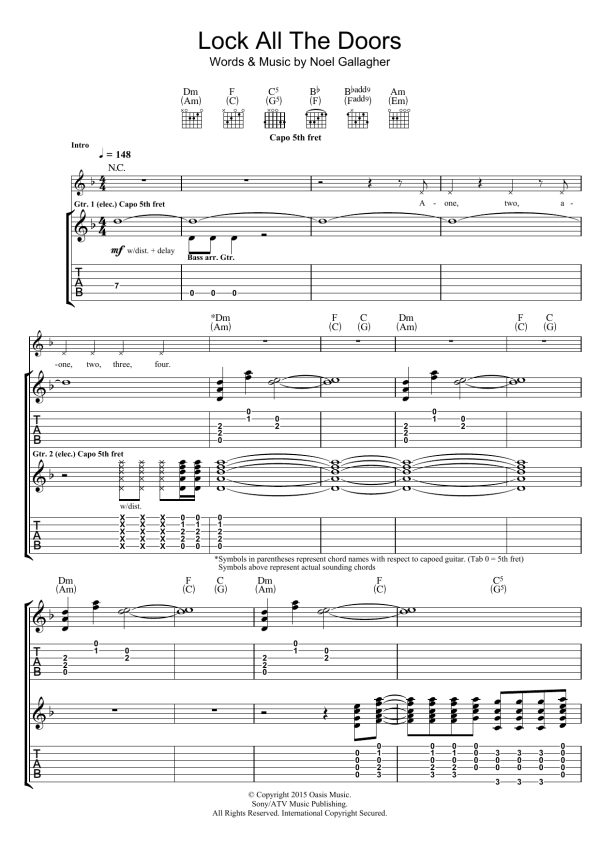 Noel Gallagher's High Flying Birds Lock All The Doors Musik Noten - Guitar Tab - 120929-0