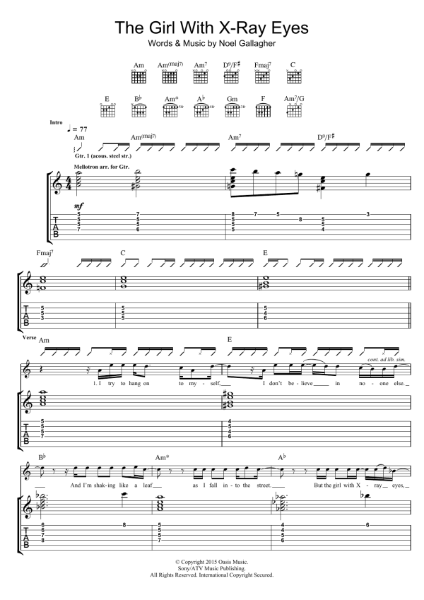 Noel Gallagher's High Flying Birds The Girl With X-Ray Eyes Musik Noten - Guitar Tab - 120906-0