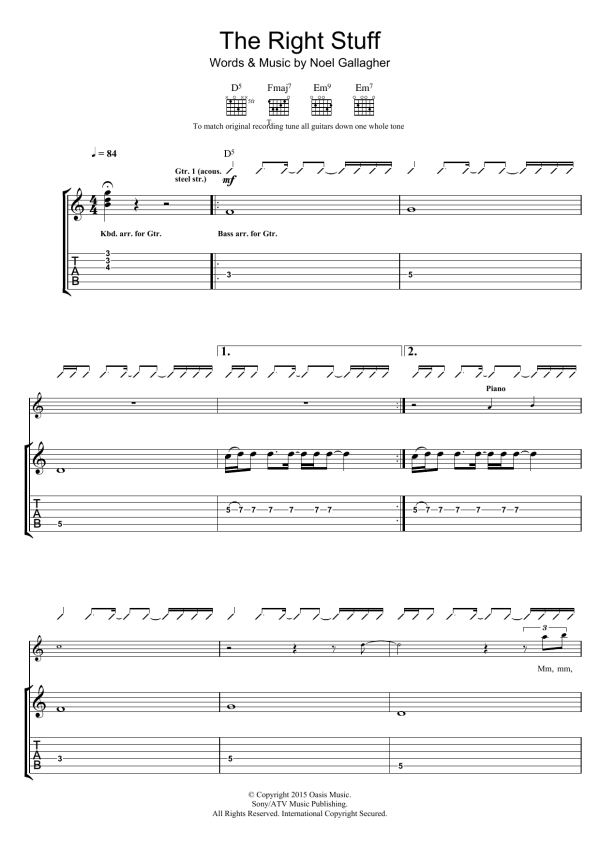 Noel Gallagher's High Flying Birds The Right Stuff Musik Noten - Guitar Tab - 120904-0