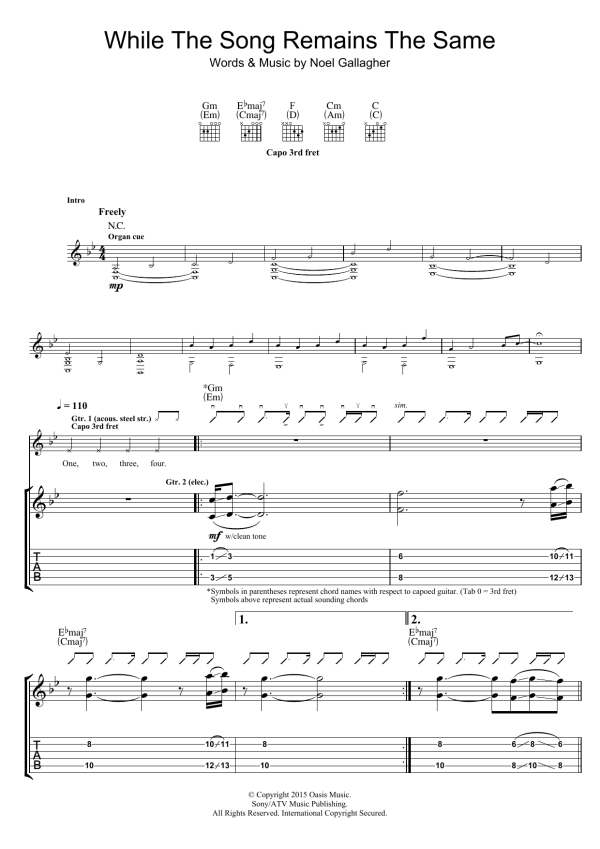 Noel Gallagher's High Flying Birds While The Song Remains The Same Musik Noten - Guitar Tab - 120903-0