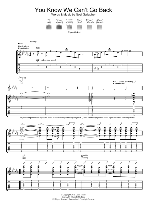 Noel Gallagher's High Flying Birds You Know We Can't Go Back Musik Noten - Guitar Tab - 120902-0