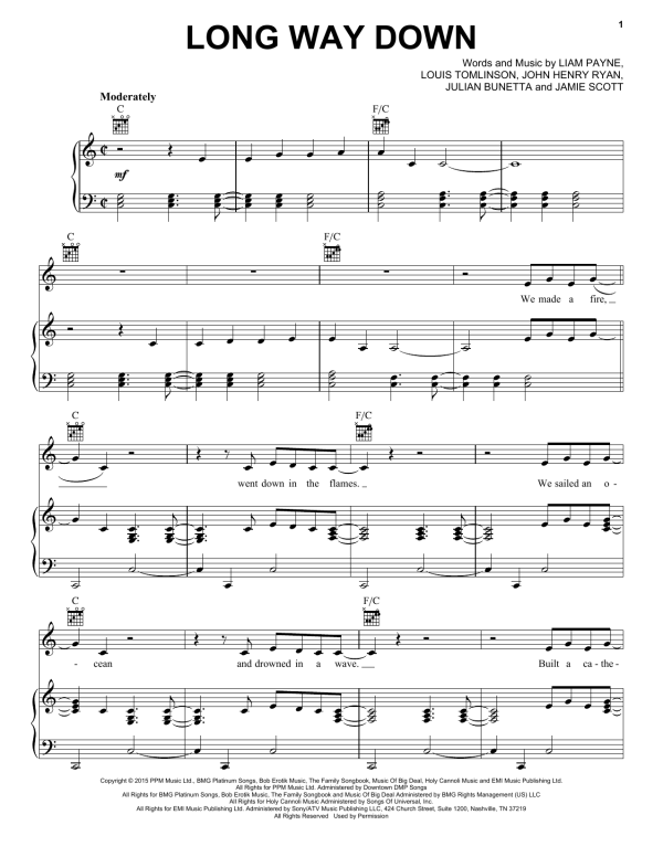 One Direction Long Way Down Musik Noten - Easy Piano - 164695-0