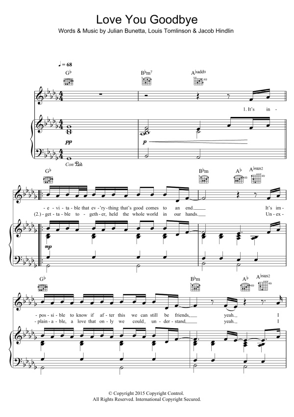 One Direction Love You Goodbye Musik Noten - Easy Piano - 164690-0