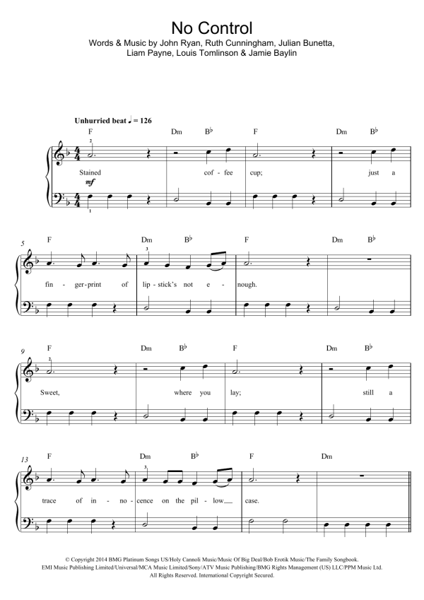 One Direction No Control Musik Noten - Piano, Vocal & Guitar Chords - 120867-0