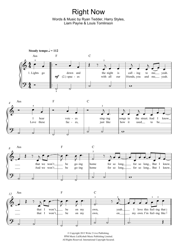 One Direction Right Now Musik Noten - Easy Piano - 120865-0