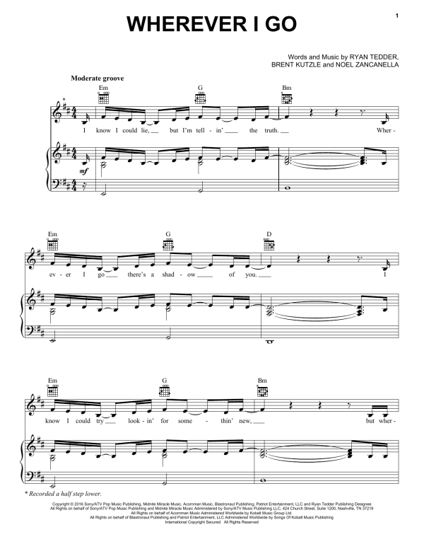 One Republic Wherever I Go Musik Noten - Piano, Vocal & Guitar Chords - 171707-0
