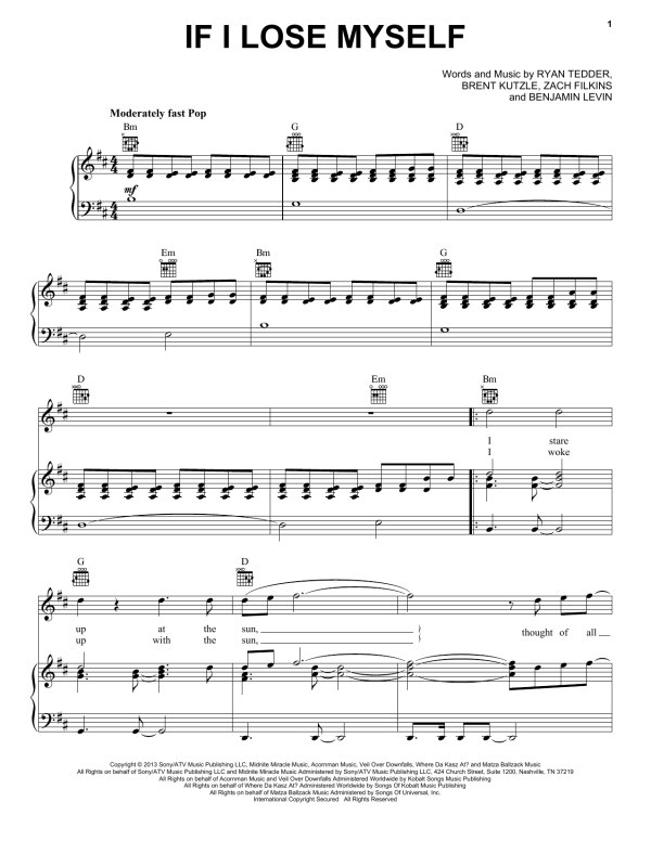OneRepublic If I Lose Myself Musik Noten - Piano, Vocal & Guitar Chords - 159926-0
