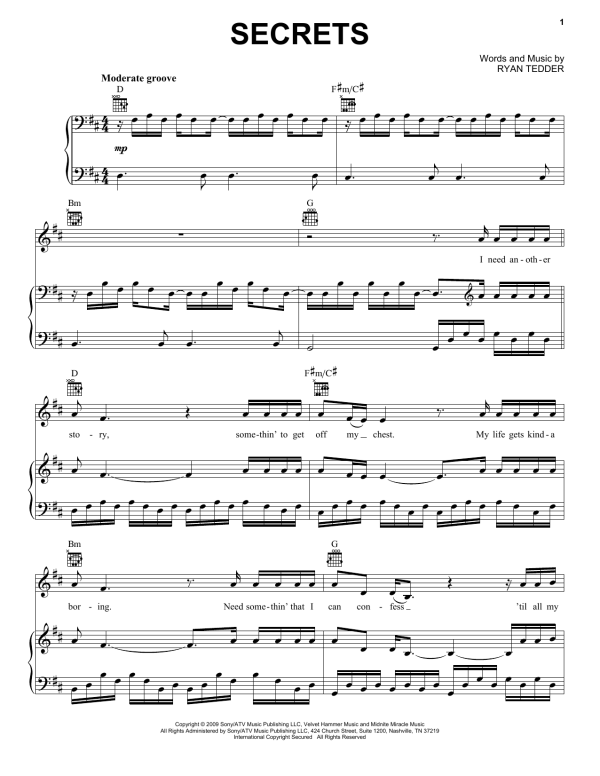 OneRepublic Secrets Musik Noten - Piano, Vocal & Guitar Chords - 76521-0