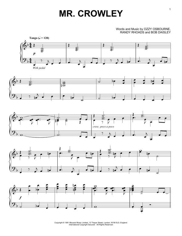 Ozzy Osbourne Mr. Crowley [Jazz version] Musik Noten - Piano Solo - 165387-0