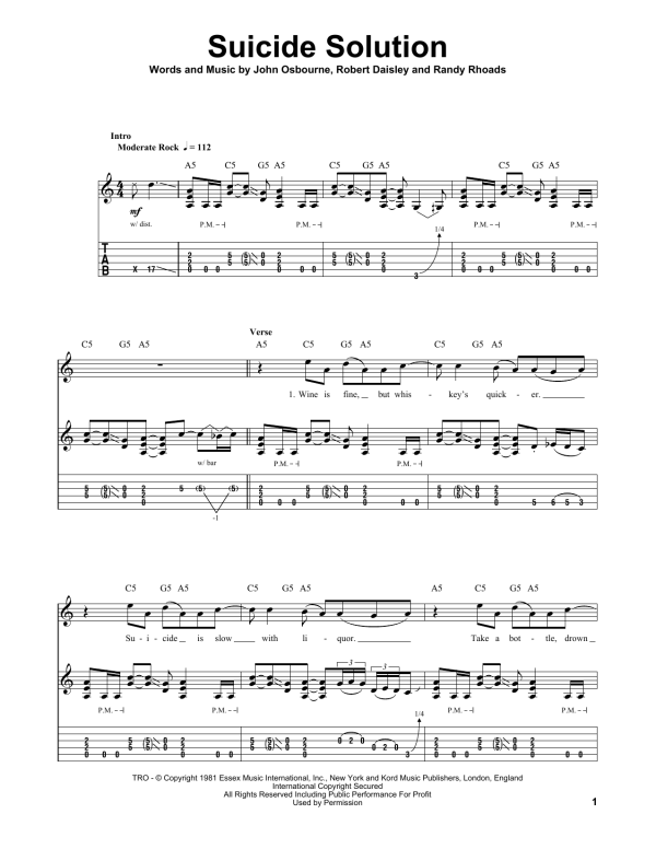 Ozzy Osbourne Suicide Solution Musik Noten - Guitar Tab - 162054-0