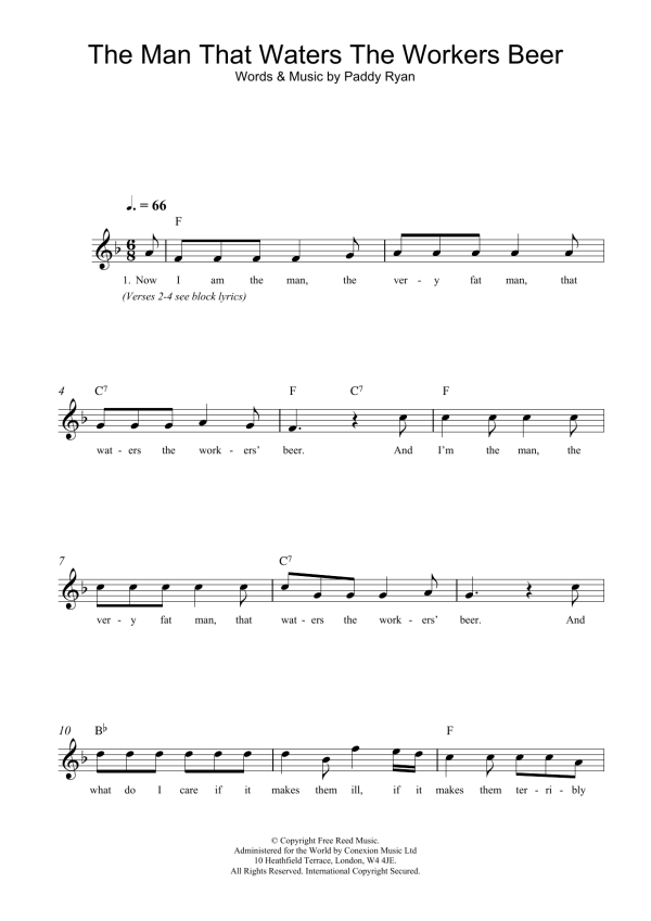 Paddy Ryan The Man That Waters The Workers Beer Musik Noten - Lead Sheet / Fake Book - 107705-0