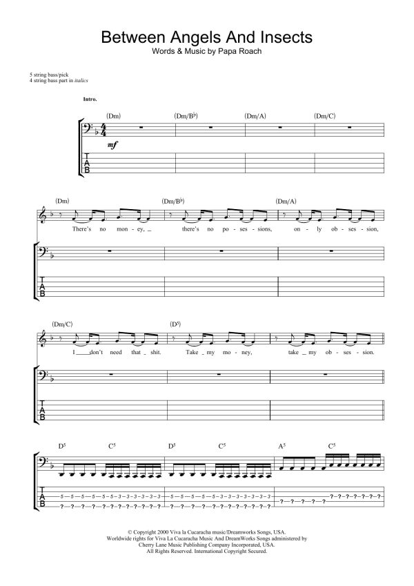 Papa Roach Between Angels And Insects Musik Noten - Bass Guitar Tab - 23525-0