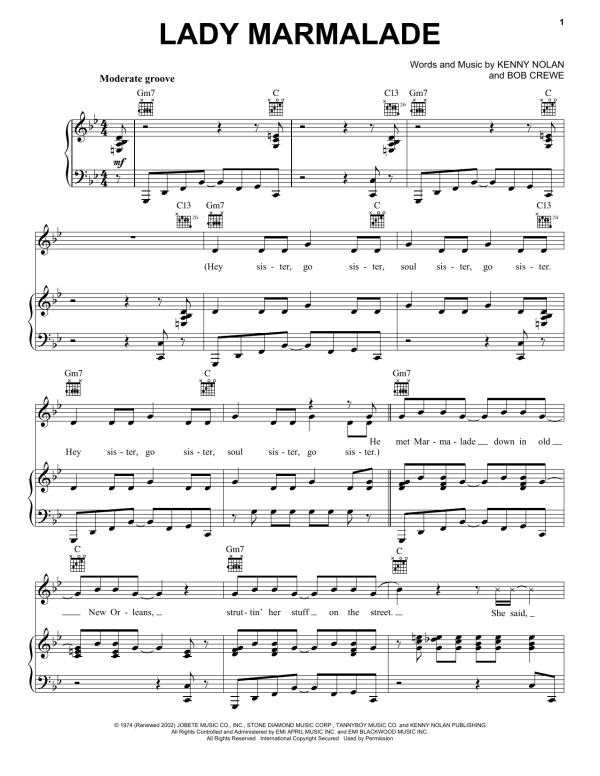 Patti LaBelle Lady Marmalade Musik Noten - Piano, Vocal & Guitar Chords - 77240-0