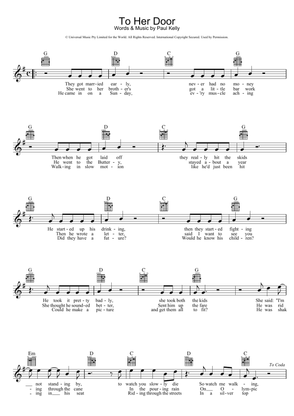 Paul Kelly To Her Door Musik Noten - Lead Sheet / Fake Book - 39057-0