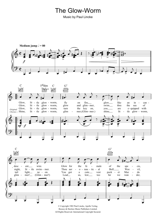 Paul Lincke The Glow-Worm Musik Noten - Piano, Vocal & Guitar Chords - 107366-0