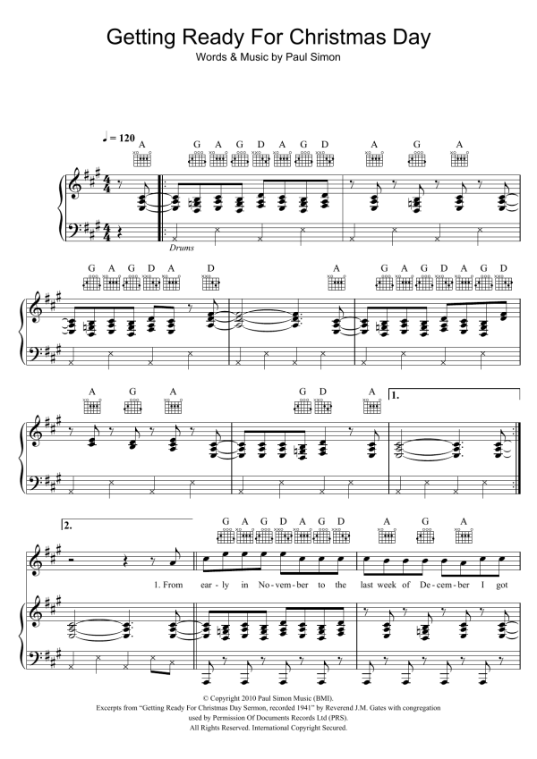 Paul Simon Getting Ready For Christmas Day Musik Noten - Piano, Vocal & Guitar Chords - 108327-0