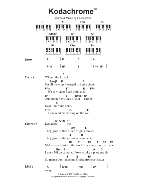 Paul Simon KodachromeTM Musik Noten - Ukulele Chords/Lyrics - 122774-0