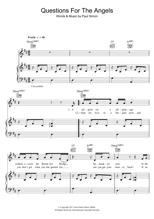 Paul Simon Questions For The Angels Musik Noten - Piano, Vocal & Guitar Chords - 108323-0