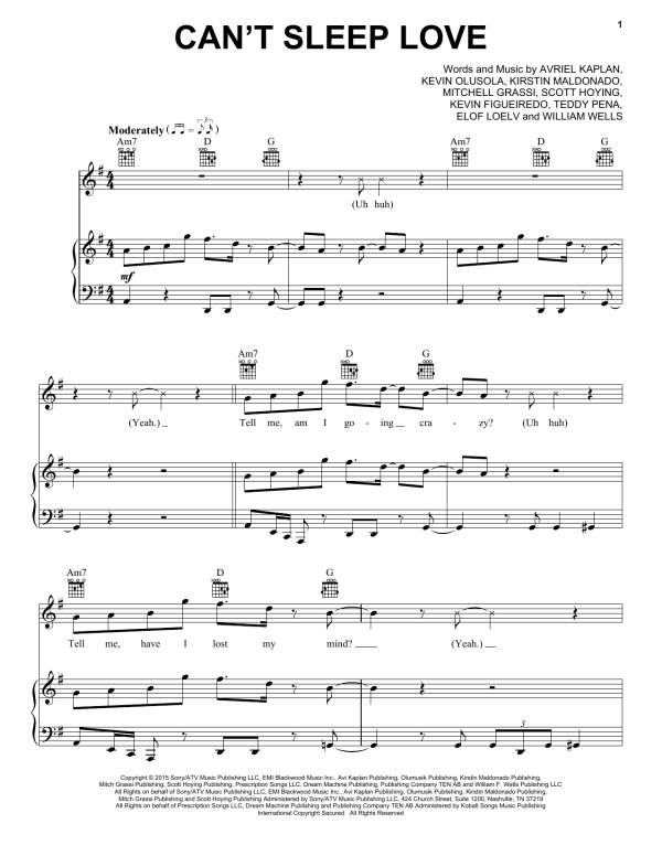 Pentatonix Can't Sleep Love Musik Noten - Piano, Vocal & Guitar Chords - 164595-0